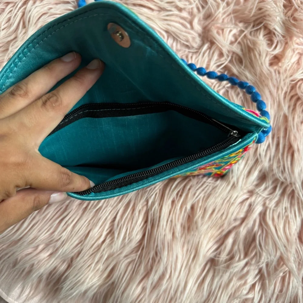 Blue Embroidered Flap Clutch with Pom Pom Cross Bodysuit Strap - Picture 7 of 7